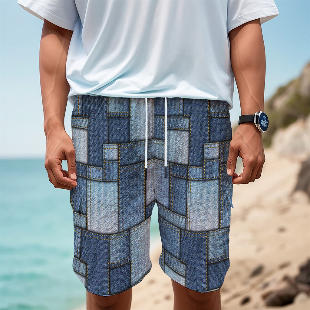 Patchwork Denim Jeans Pattern Print Men's Cargo Shorts