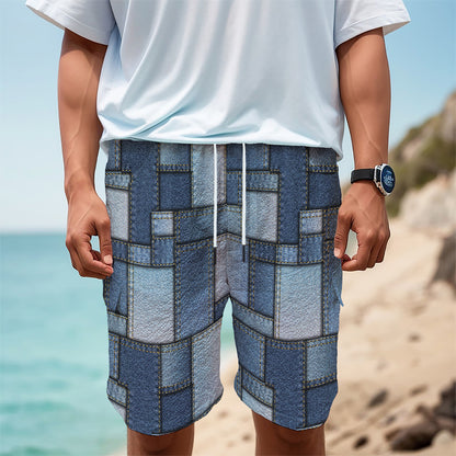 Patchwork Denim Jeans Pattern Print Men's Cargo Shorts