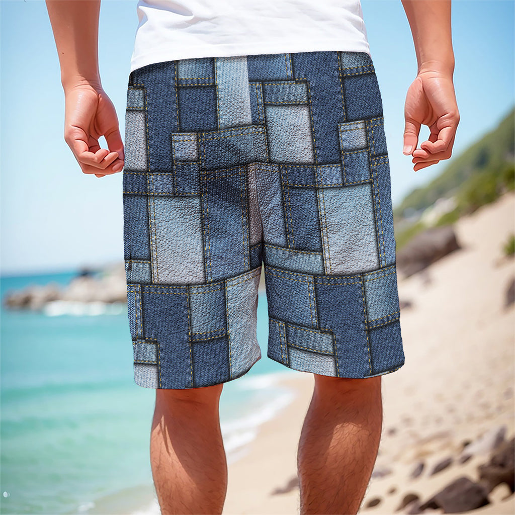 Patchwork Denim Jeans Pattern Print Men's Cargo Shorts