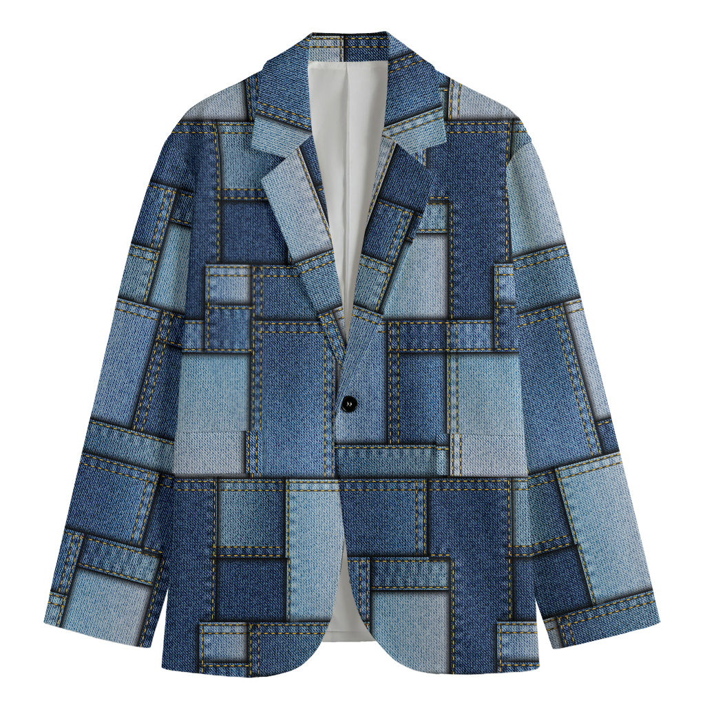 Patchwork Denim Jeans Pattern Print Men's Cotton Blazer