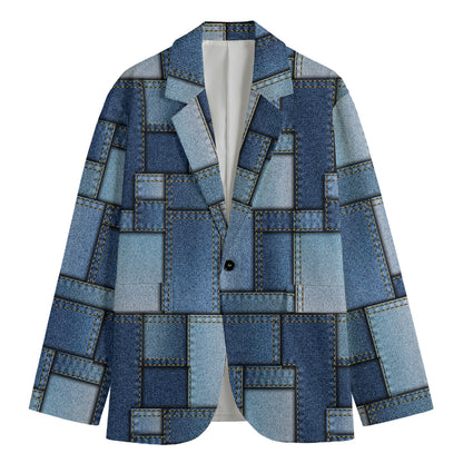 Patchwork Denim Jeans Pattern Print Men's Cotton Blazer