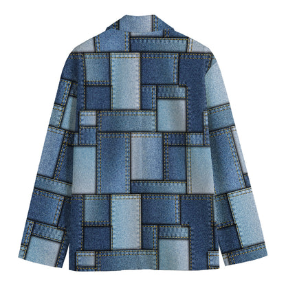 Patchwork Denim Jeans Pattern Print Men's Cotton Blazer
