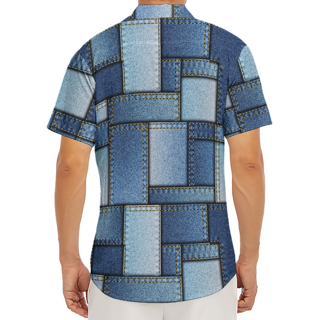 Patchwork Denim Jeans Pattern Print Men's Deep V-Neck Shirt