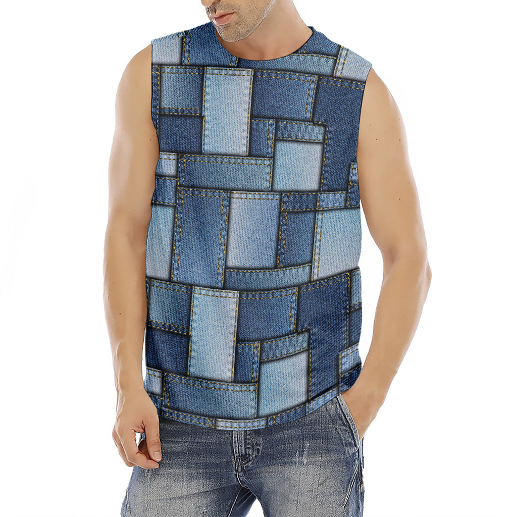 Patchwork Denim Jeans Pattern Print Men's Fitness Tank Top