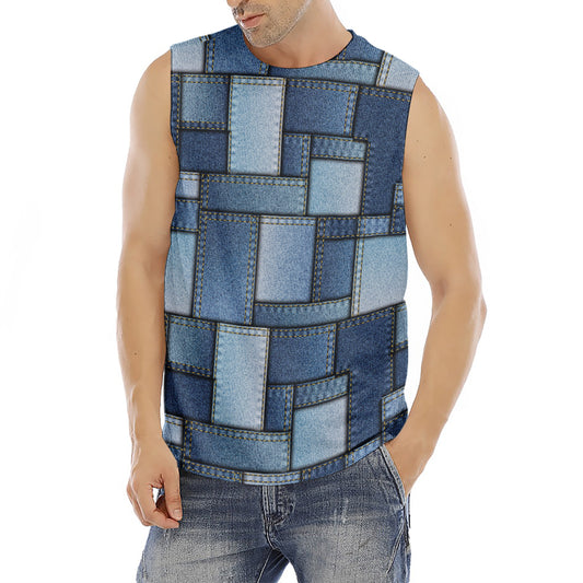 Patchwork Denim Jeans Pattern Print Men's Fitness Tank Top