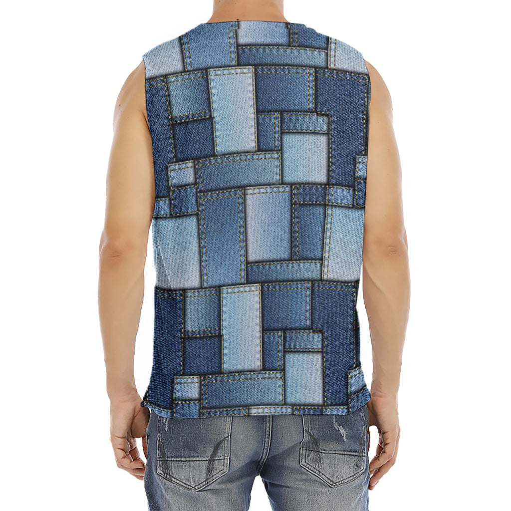 Patchwork Denim Jeans Pattern Print Men's Fitness Tank Top
