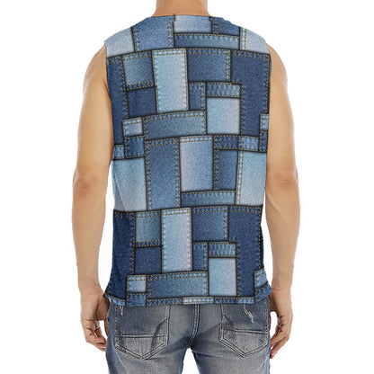 Patchwork Denim Jeans Pattern Print Men's Fitness Tank Top