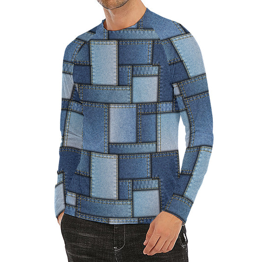 Patchwork Denim Jeans Pattern Print Men's Long Sleeve Rash Guard