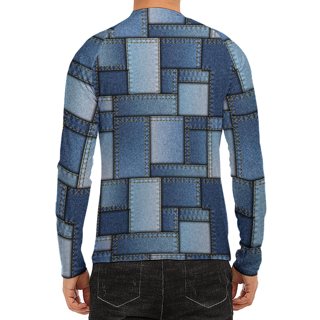 Patchwork Denim Jeans Pattern Print Men's Long Sleeve Rash Guard