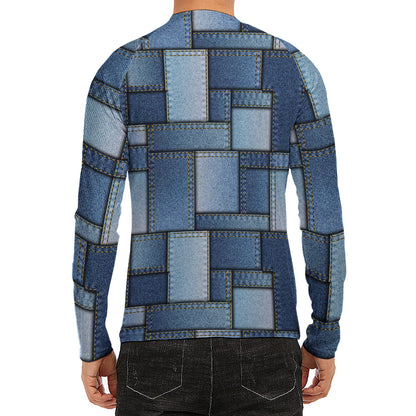 Patchwork Denim Jeans Pattern Print Men's Long Sleeve Rash Guard