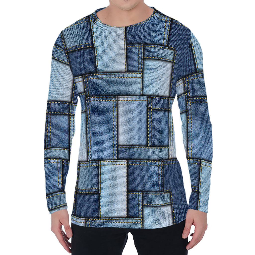 Patchwork Denim Jeans Pattern Print Men's Long Sleeve T-Shirt