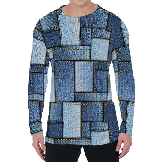 Patchwork Denim Jeans Pattern Print Men's Long Sleeve T-Shirt