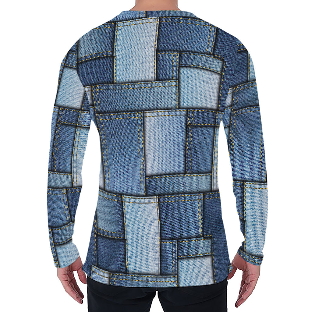Patchwork Denim Jeans Pattern Print Men's Long Sleeve T-Shirt