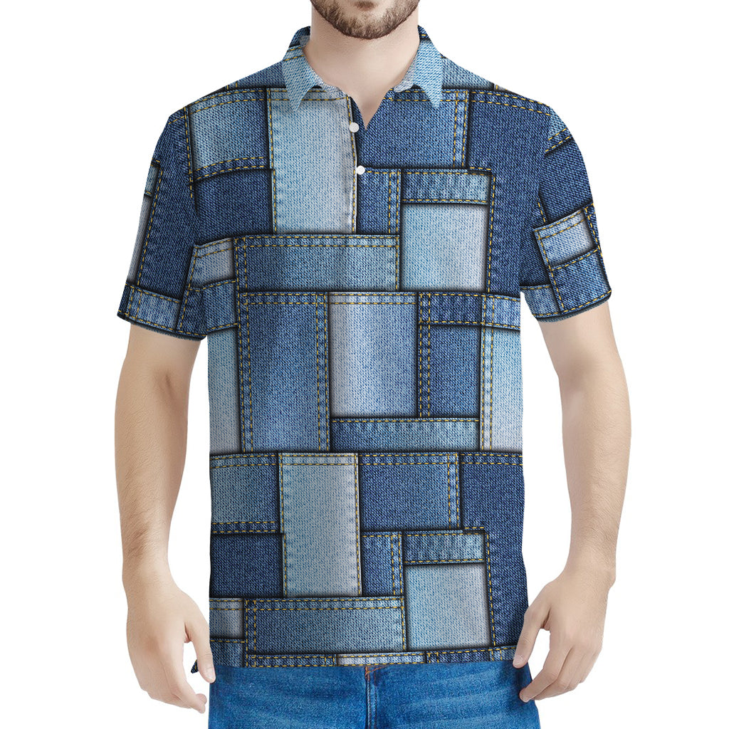 Patchwork Denim Jeans Pattern Print Men's Polo Shirt