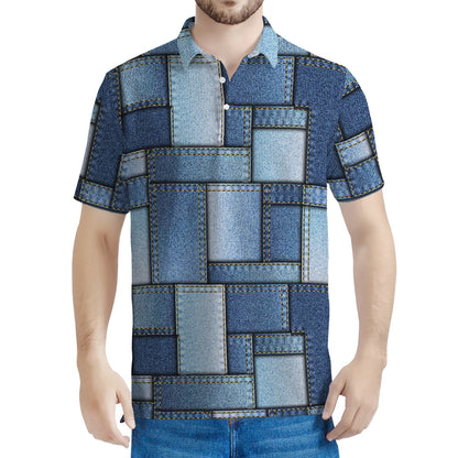 Patchwork Denim Jeans Pattern Print Men's Polo Shirt
