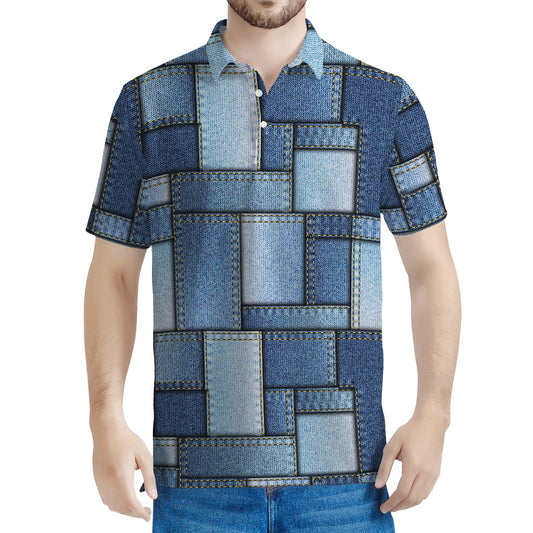 Patchwork Denim Jeans Pattern Print Men's Polo Shirt