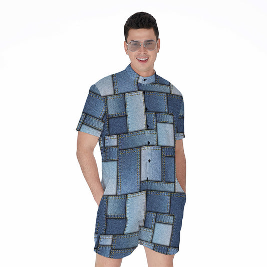 Patchwork Denim Jeans Pattern Print Men's Rompers
