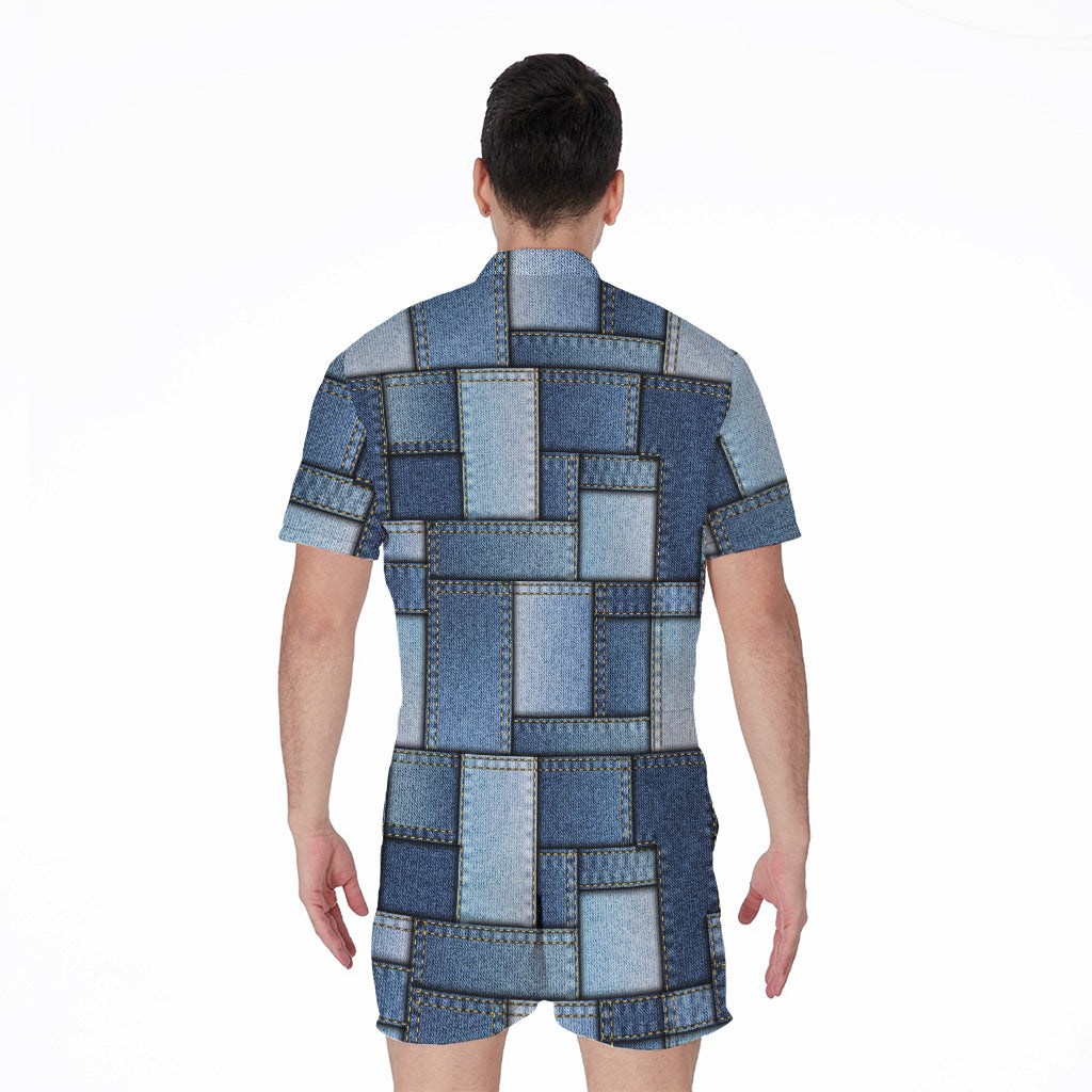 Patchwork Denim Jeans Pattern Print Men's Rompers