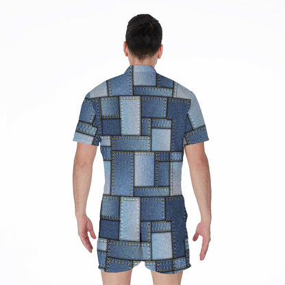 Patchwork Denim Jeans Pattern Print Men's Rompers