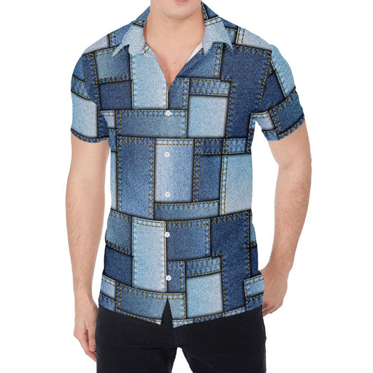 Patchwork Denim Jeans Pattern Print Men's Shirt