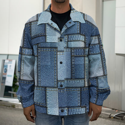 Patchwork Denim Jeans Pattern Print Men's Shirt Jacket