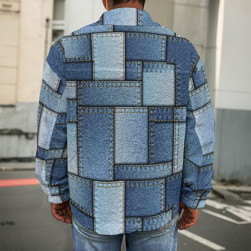 Patchwork Denim Jeans Pattern Print Men's Shirt Jacket