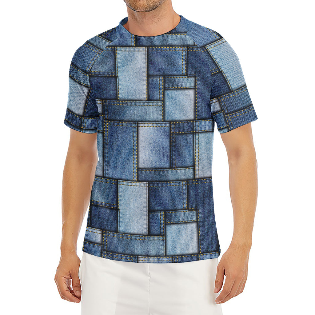 Patchwork Denim Jeans Pattern Print Men's Short Sleeve Rash Guard