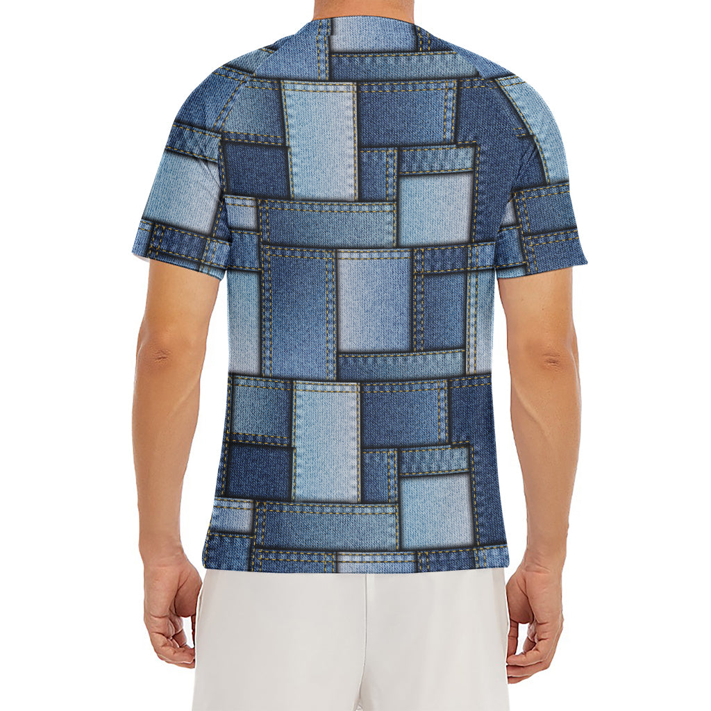 Patchwork Denim Jeans Pattern Print Men's Short Sleeve Rash Guard