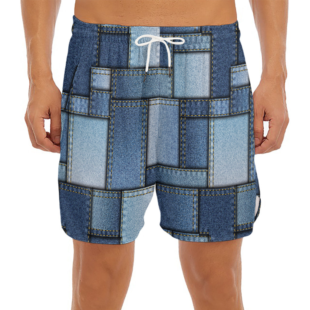 Patchwork Denim Jeans Pattern Print Men's Split Running Shorts