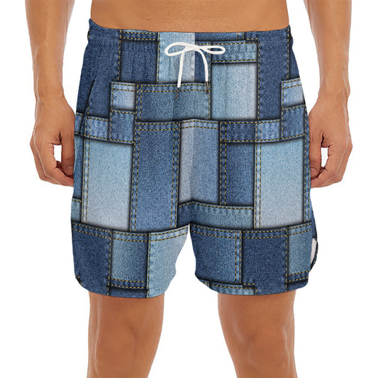 Patchwork Denim Jeans Pattern Print Men's Split Running Shorts