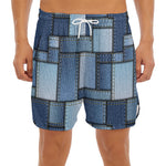 Patchwork Denim Jeans Pattern Print Men's Split Running Shorts