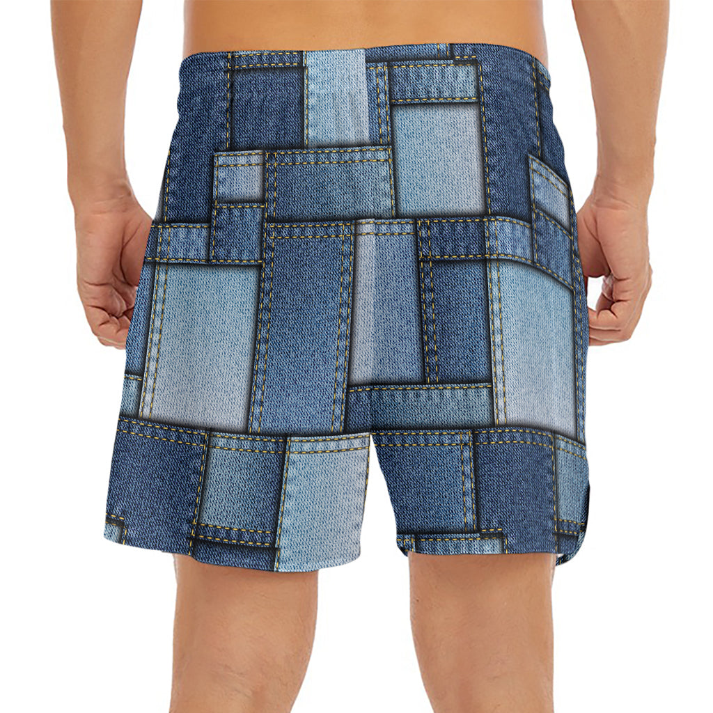 Patchwork Denim Jeans Pattern Print Men's Split Running Shorts