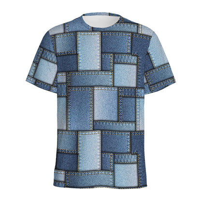 Patchwork Denim Jeans Pattern Print Men's Sports T-Shirt