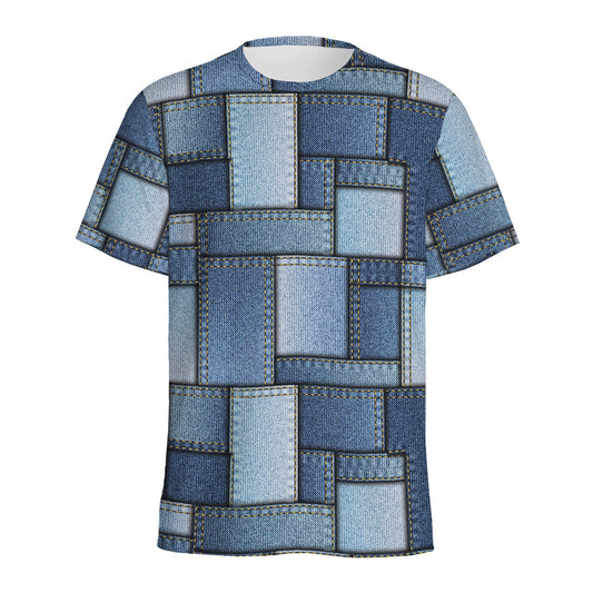 Patchwork Denim Jeans Pattern Print Men's Sports T-Shirt