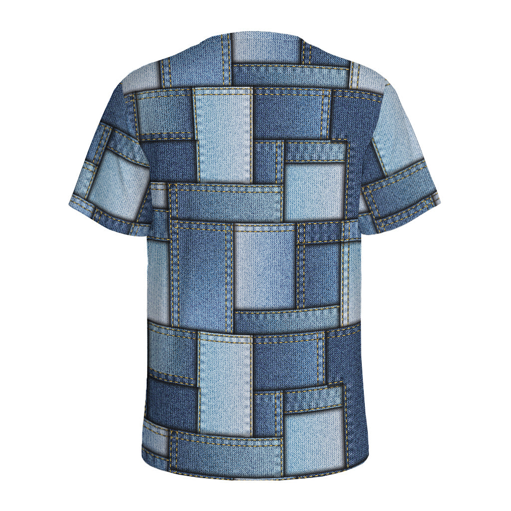 Patchwork Denim Jeans Pattern Print Men's Sports T-Shirt