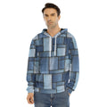 Patchwork Denim Jeans Pattern Print Men's Velvet Pullover Hoodie
