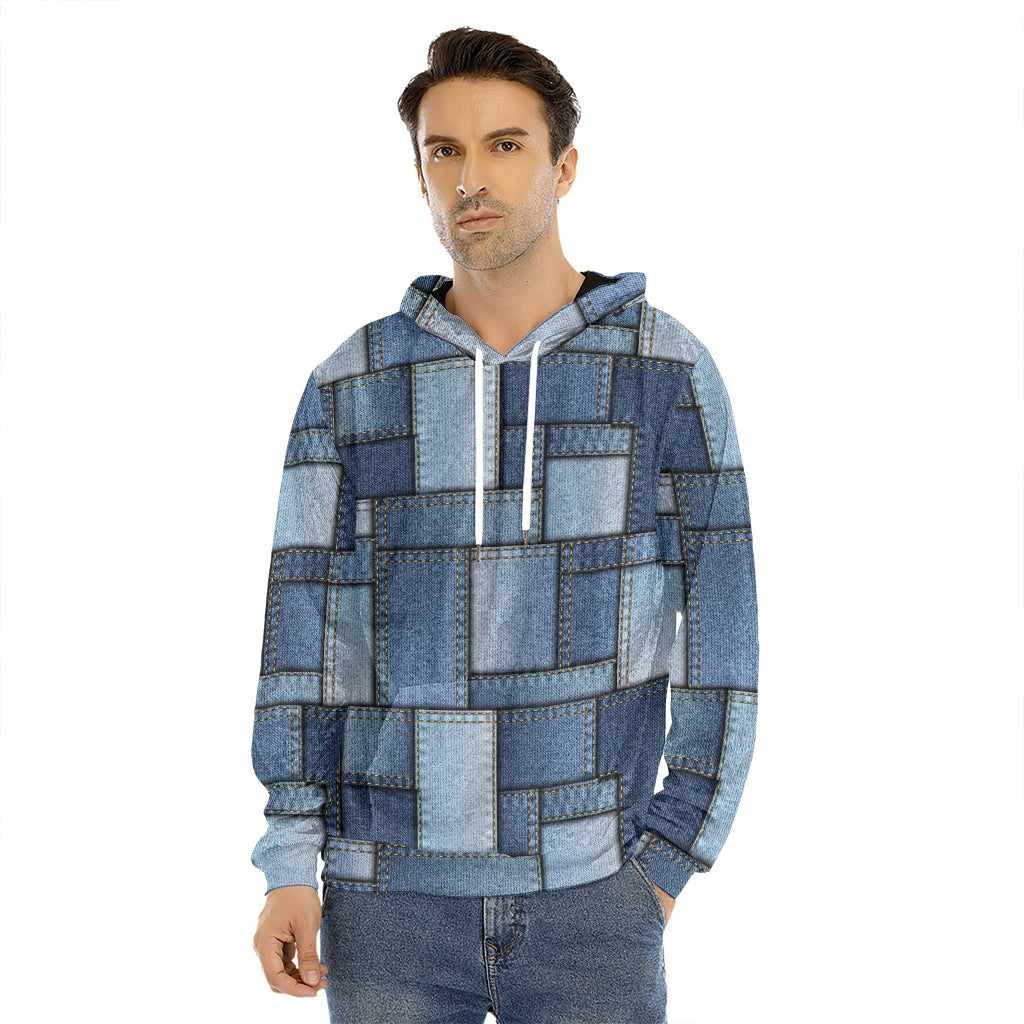 Patchwork Denim Jeans Pattern Print Men's Velvet Pullover Hoodie