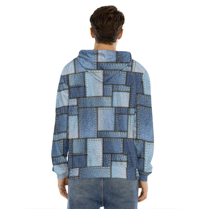 Patchwork Denim Jeans Pattern Print Men's Velvet Pullover Hoodie