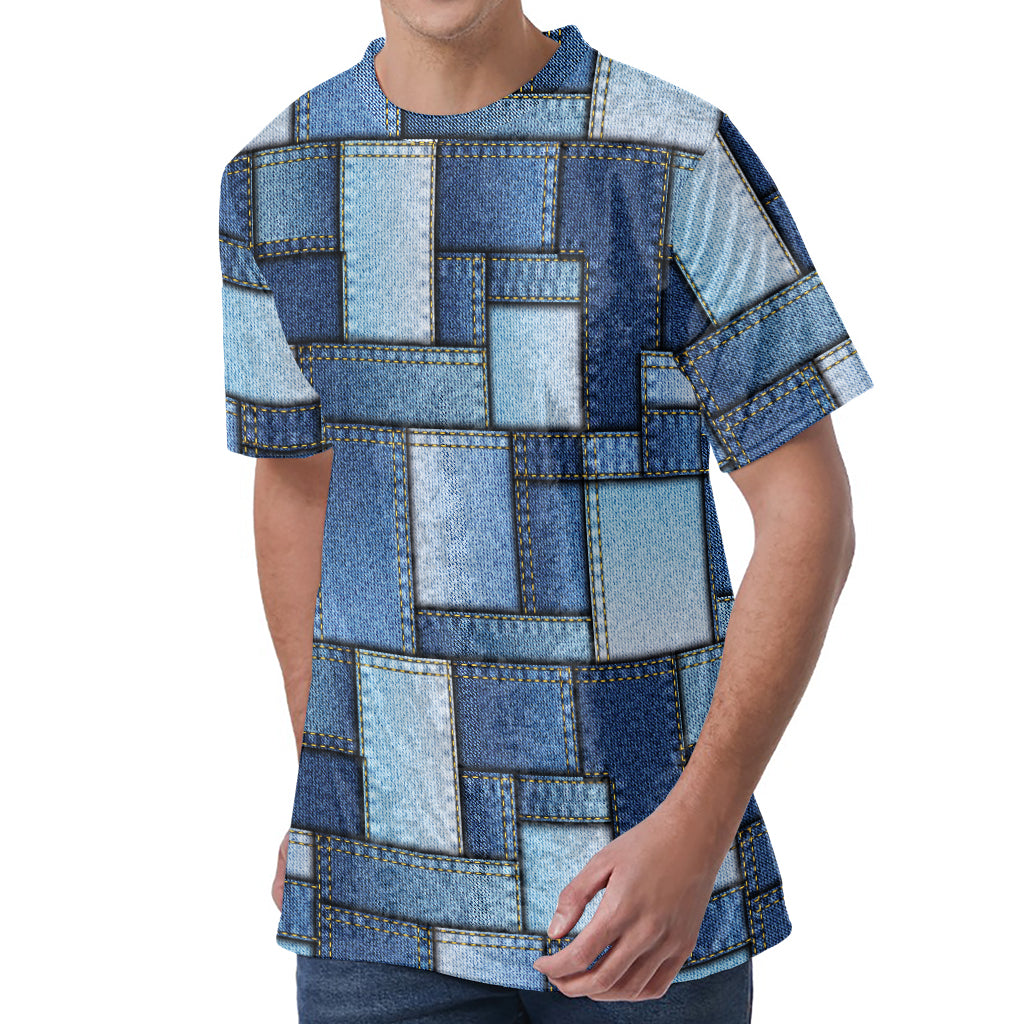 Patchwork Denim Jeans Pattern Print Men's Velvet T-Shirt