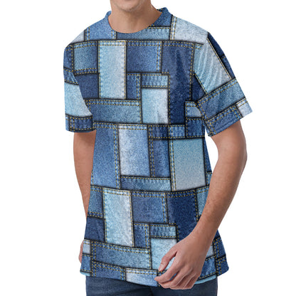 Patchwork Denim Jeans Pattern Print Men's Velvet T-Shirt
