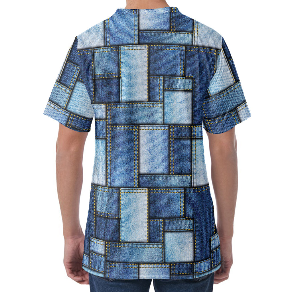 Patchwork Denim Jeans Pattern Print Men's Velvet T-Shirt