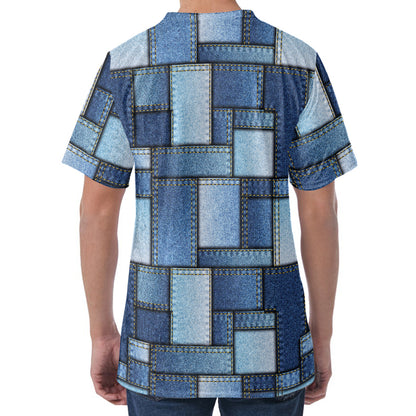 Patchwork Denim Jeans Pattern Print Men's Velvet T-Shirt