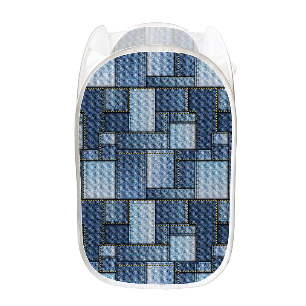 Patchwork Denim Jeans Pattern Print Mesh Laundry Hamper
