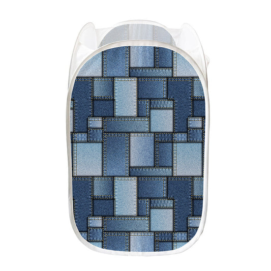 Patchwork Denim Jeans Pattern Print Mesh Laundry Hamper