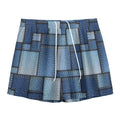 Patchwork Denim Jeans Pattern Print Mesh Shorts