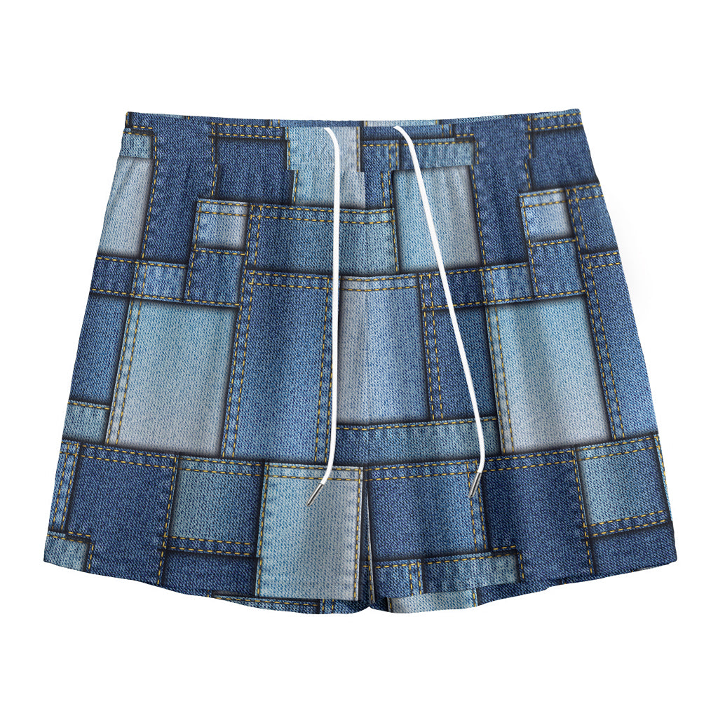 Patchwork Denim Jeans Pattern Print Mesh Shorts