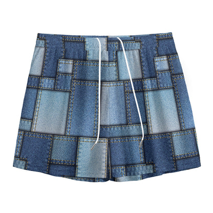 Patchwork Denim Jeans Pattern Print Mesh Shorts