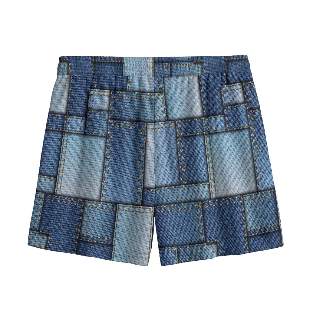 Patchwork Denim Jeans Pattern Print Mesh Shorts
