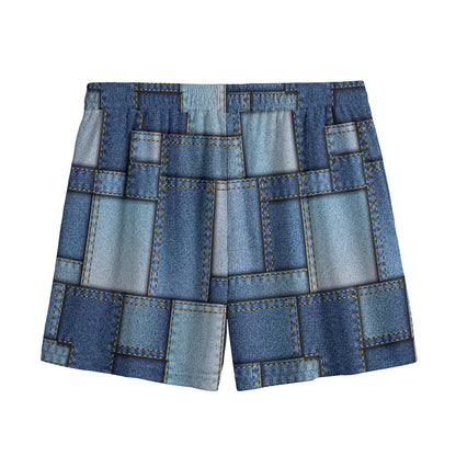 Patchwork Denim Jeans Pattern Print Mesh Shorts