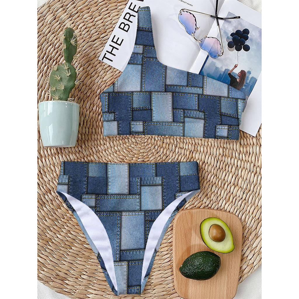 Patchwork Denim Jeans Pattern Print One Shoulder Bikini Top
